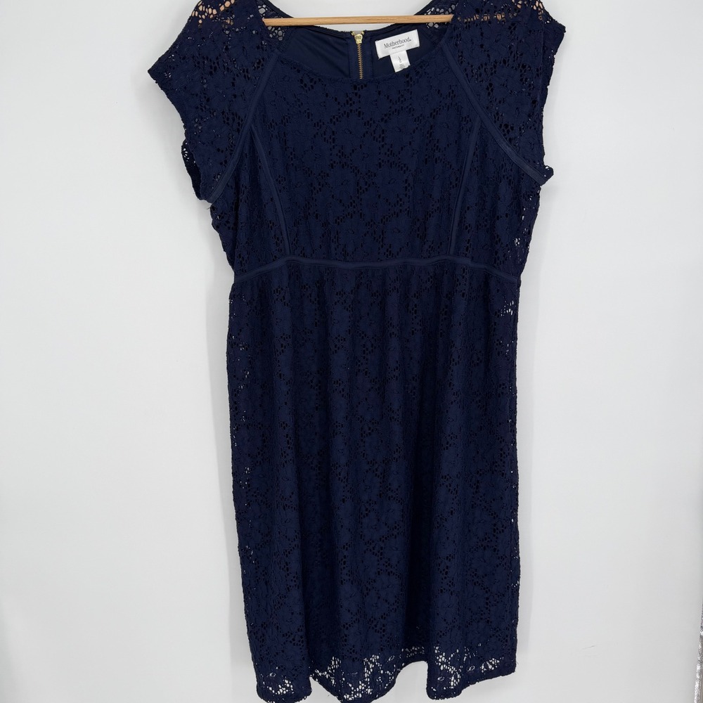 Motherhood Maternity Navy Blue Lace Empire Waist Dress Short Sleeve Large